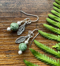 Load image into Gallery viewer, Hand made Silver Leaf Charm and Moss Agate Earrings
