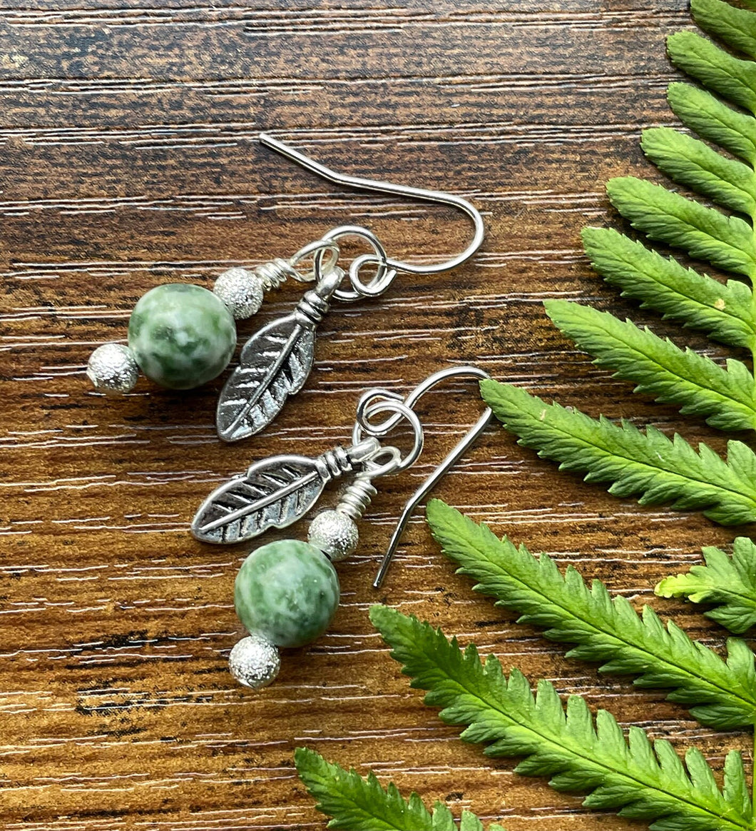 Hand made Silver Leaf Charm and Moss Agate Earrings