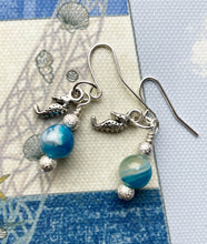 Load image into Gallery viewer, Blue Lace Agate and Seahorse Dangle Earrings Seaside Beach
