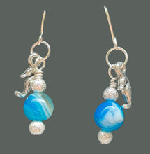 Load image into Gallery viewer, Blue Lace Agate and Seahorse Dangle Earrings Seaside Beach
